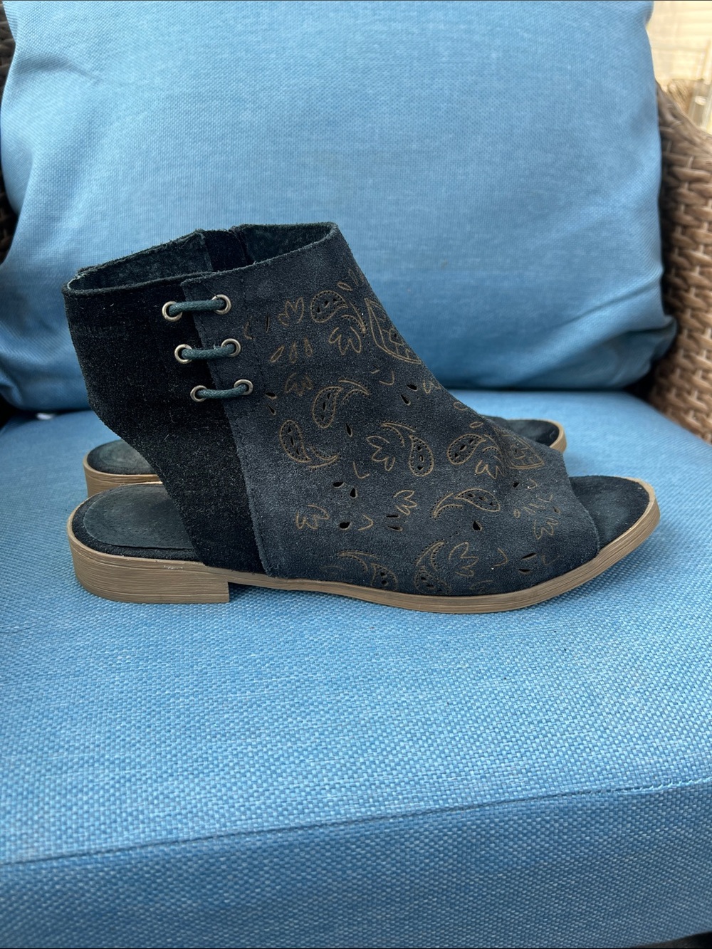 Black Suede Laser-Cut Peep-Toe sandals